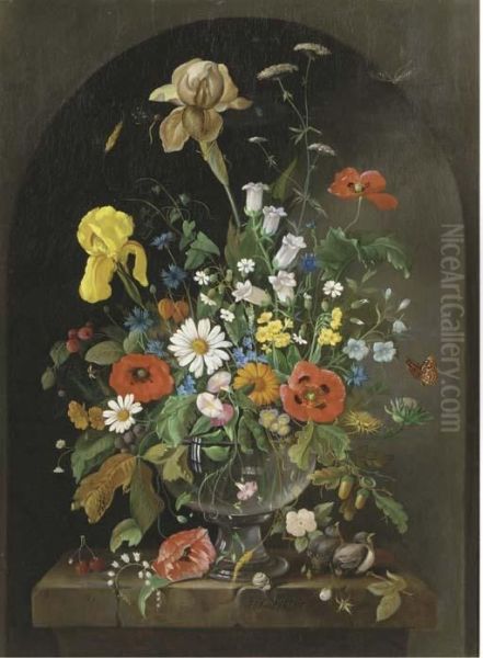 A Bouquet Of Wild Flowers In An Alcove Oil Painting by Frans Xaver Pieler