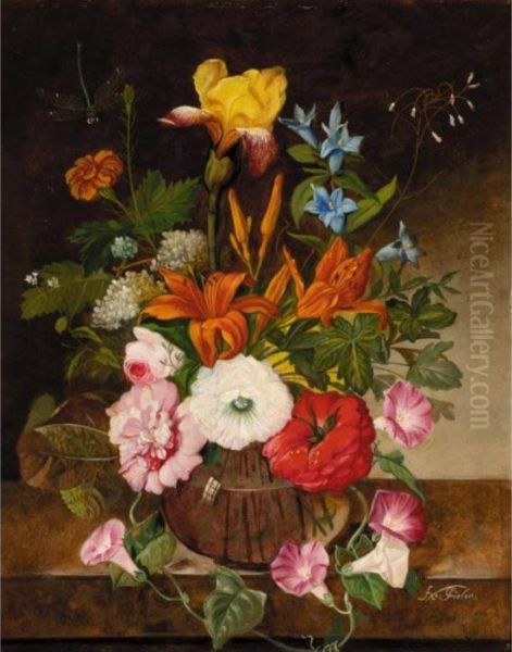 Still Life With Dragonfly And Flowers; Still Life With Moth And Flowers Oil Painting by Frans Xaver Pieler