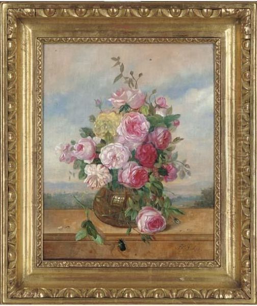 Roses In A Glass Vase, A Landscape Beyond by Frans Xaver Pieler