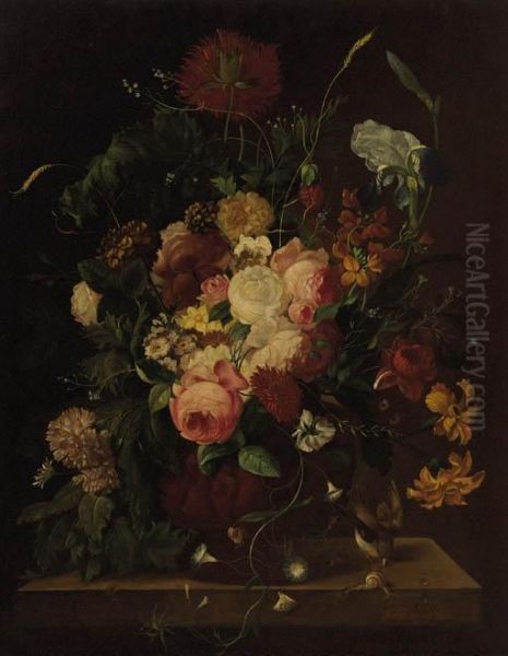 Roses, Irises, Daffodils, Carnations And Other Flowers In A Vase On A Ledge by Frans Xaver Pieler