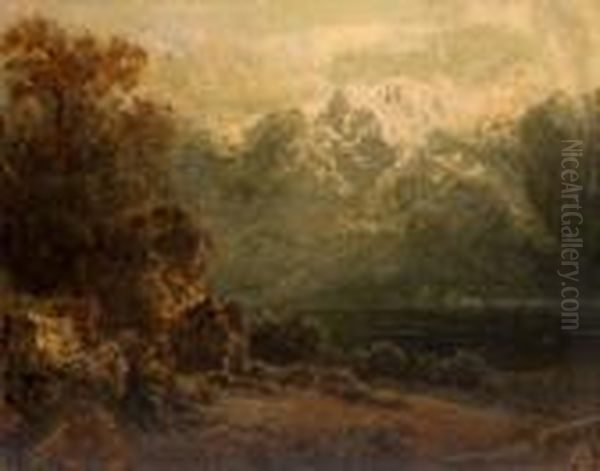 Alpska Krajina S Jezerem Oil Painting by August Bedrich Piepenhagen