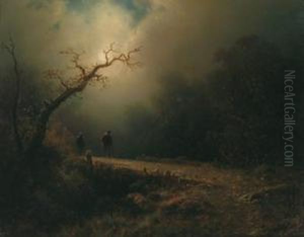 A Moonlit Night Oil Painting by August Bedrich Piepenhagen