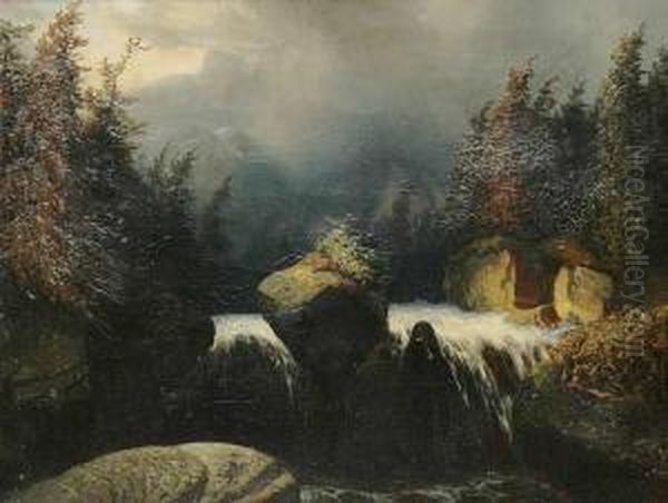 A Mountain Landscape With A Waterfall Oil Painting by August Bedrich Piepenhagen