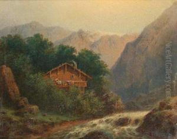 An Alpine Landscape With Figures Oil Painting by August Bedrich Piepenhagen