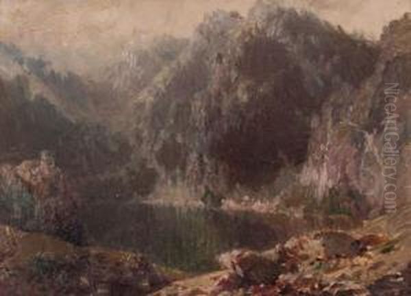 Mountainous Lake Oil Painting by August Bedrich Piepenhagen