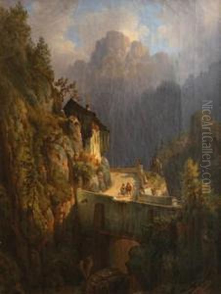 Mountainous Path With A Bridge Oil Painting by August Bedrich Piepenhagen