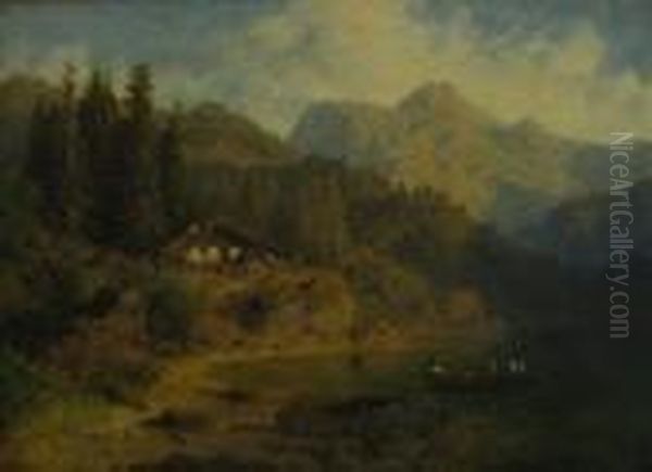 Landscape With Figures In A Punt Oil Painting by August Bedrich Piepenhagen