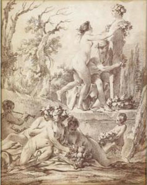 A Bacchanale: Naked Nymphs Decorating A Herm Oil Painting by Jean-Baptiste-Marie Pierre