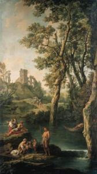 A River Landscape With A Peasant Family, A Man In A Boat,fisherfolk And Travellers Oil Painting by Jean-Baptiste-Marie Pierre