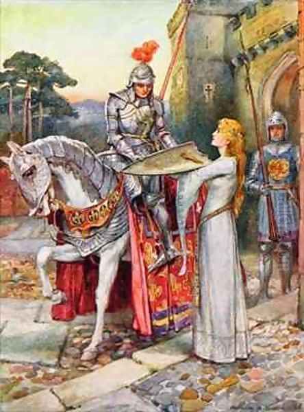 Sir Lancelot Gives his Shield into Elaines Keeping Oil Painting by Arthur A. Dixon