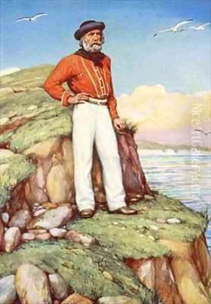 Giuseppe Garibaldi on a cliff ledge on the island of Caprera gazing out towards Italy Oil Painting by Arthur A. Dixon