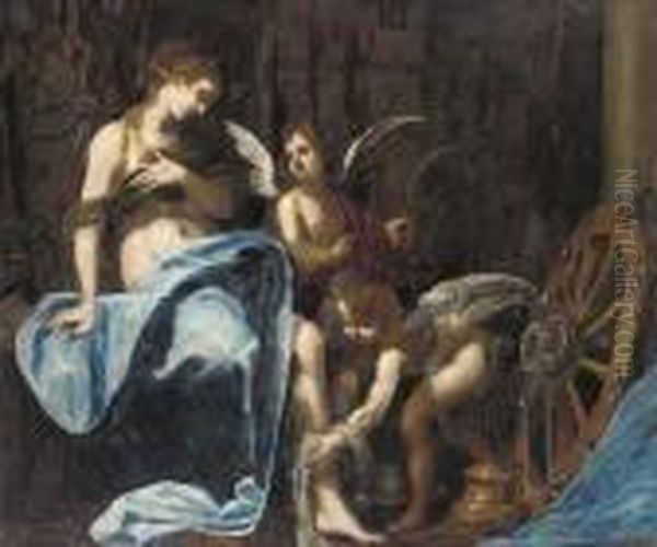 Saint Catherine Of Alexandria Tended By Putti Oil Painting by Simone Pignone