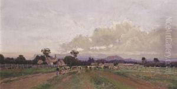 Milking Time - Droving Cattle Oil Painting by William Charles Piguenit