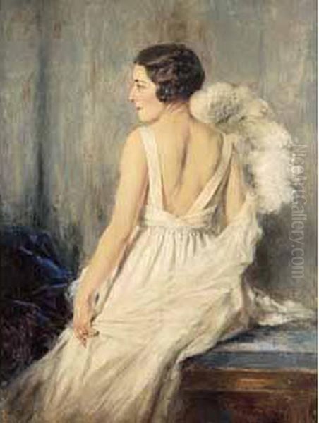 < Elegante A L'eventail >. Oil Painting by Rodolphe Piguet