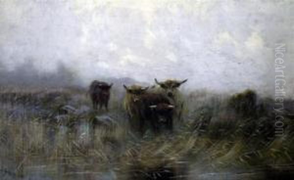 Highland Cattle Beside A Stream Oil Painting by Sidney Pike