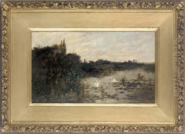 Swans In A Thames Backwater Oil Painting by Sidney Pike