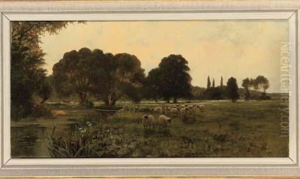 A Flock Of Sheep Beside A River Oil Painting by Sidney Pike