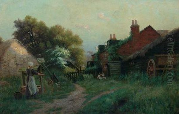 Drawing Water In The Early Morning From A Well In The
 Farmyard Oil Painting by Sidney Pike