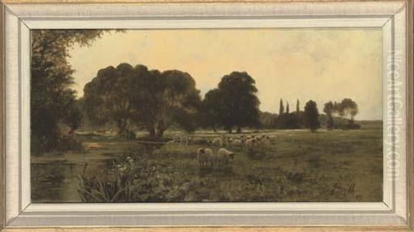 A Flock Of Sheep Beside A River Oil Painting by Sidney Pike