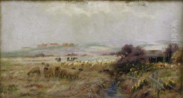 A Landscape With Chickens, Cattle And Sheep Oil Painting by Sidney Pike