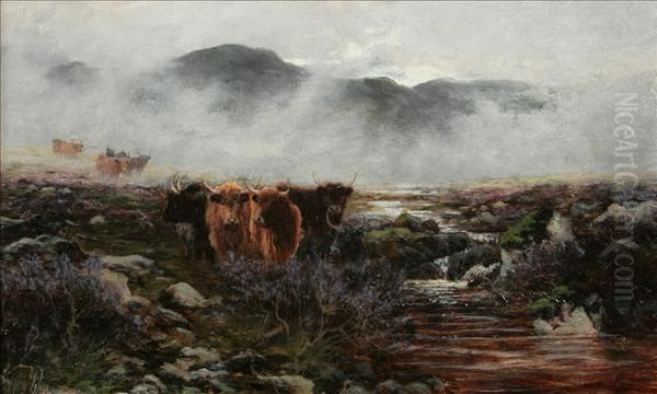 Highland Cattlein The Mist Highland Cattle Amidst The Heather Oil Painting by Sidney Pike