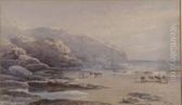 Figures On Thebeach At Low Tide Oil Painting by William Henry Pike