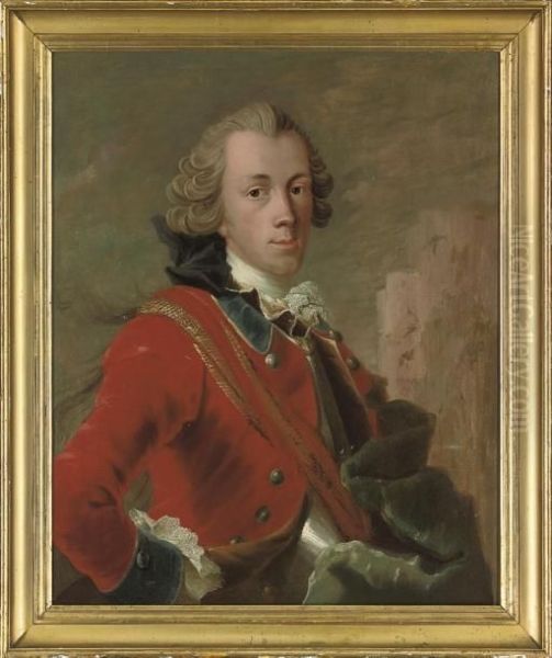 Portrait Of A Danish Cavalry 
Officer, Quarter-length, In A Red Coat, White Shirt With Lace Trim And A
 Cuirass Oil Painting by Carl Gustav Pilo