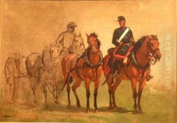 Two Artillery Officers On Horseback Followed By Artillery Caisson,an Unfinished Study Oil Painting by Isidore Alexandre Augustin Pils