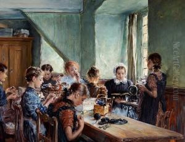 A Sewing Lesson Oil Painting by Otto Piltz