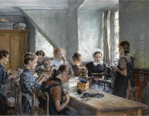 Die Nahstunde (the Sewing Class) Oil Painting by Otto Piltz