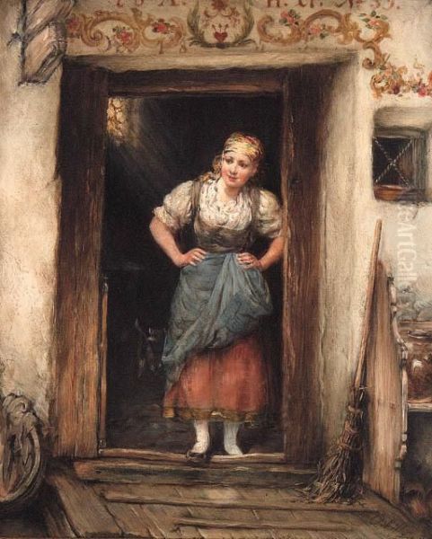 A Young Maid In A Doorway Oil Painting by Otto Piltz