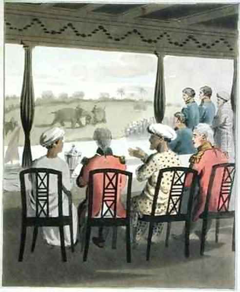 Marquis Wellesley and his Suite at the Nabob of Oudes Breakfast Table viewing an elephant fight Oil Painting by Charles D'Oyly