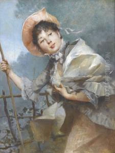 Junge Frau Mit Rosafarbenem Hut Und Stock Oil Painting by Auguste Emile Pinchart