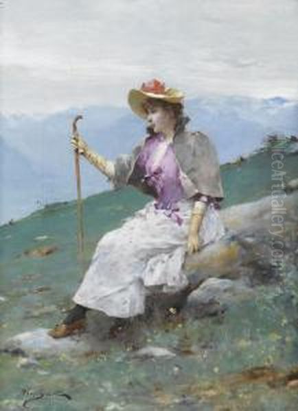 Bergwiese Mit Rastender Wandersfrau Oil Painting by Auguste Emile Pinchart