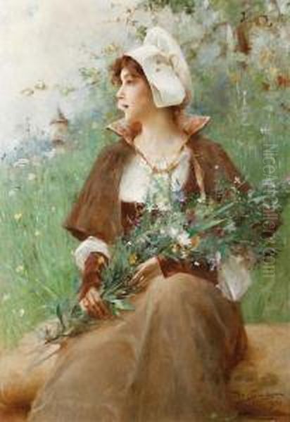 Portrait Of A Lady With Flowers Oil Painting by Auguste Emile Pinchart