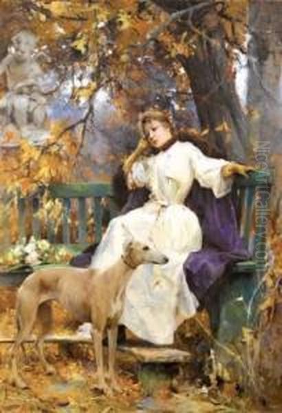 Jeune Femme Pensive Au Levrier Oil Painting by Auguste Emile Pinchart