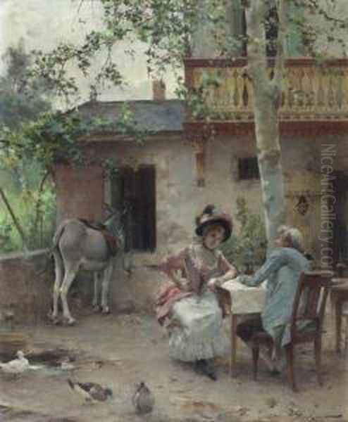 Gesprach Im Garten Mit Esel Im Hintergrund. Oil Painting by Auguste Emile Pinchart