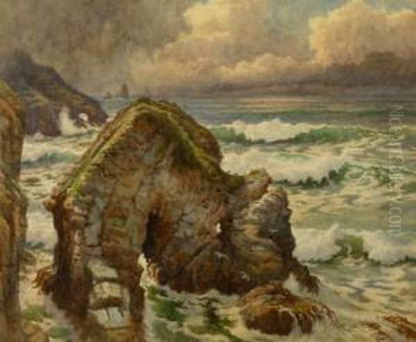 Shag Rock Perranporth Oil Painting by Douglas Houzen Pinder