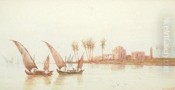 Fishermen On The Nile; Watercolour, Signed, 14x27cm by Douglas Houzen Pinder