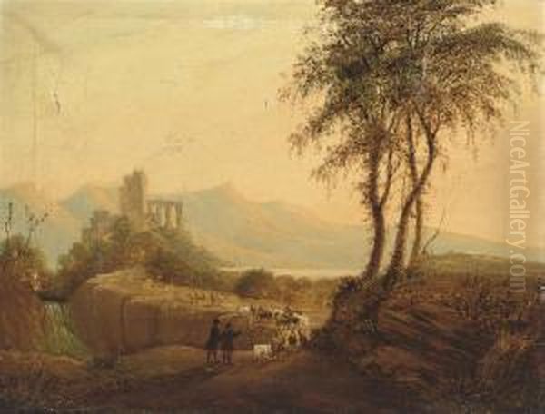 An Italianate River Landscape 
With Drovers And Their Goats In Theforeground, Ruins Beyond Oil Painting by Robert Edge Pine