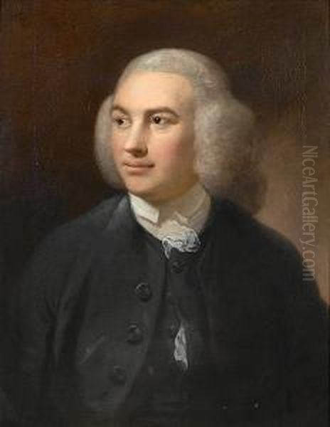 Portrait Of A Gentleman, Bust-length, In A Grey Coat With A White, Lace-edged Chemise Oil Painting by Robert Edge Pine