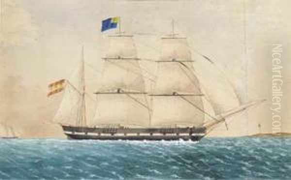 The Spanish Barque Atenas Running Inshore With A Lighthouse Off Herport Bow Oil Painting by Jose Pineda Guerra