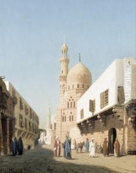 Belebte Strassenpartie In Orientalischer Stadt. Oil Painting by Louis-Emile Pinel De Grandchamp