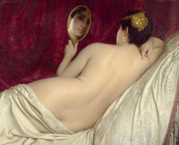 Female Nude With Mirror. Oil Painting by Louis-Emile Pinel De Grandchamp