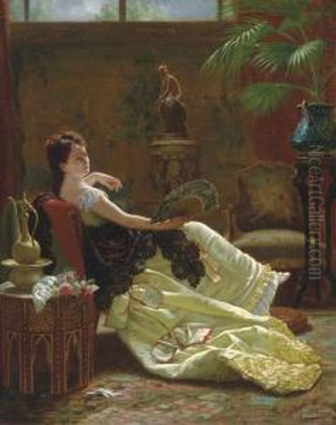 Lady With A Fan Oil Painting by Louis-Emile Pinel De Grandchamp