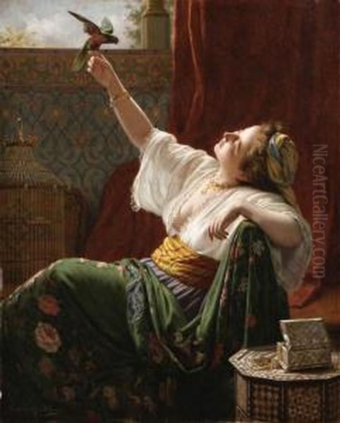 A Beauty Holding A Bird Oil Painting by Louis-Emile Pinel De Grandchamp