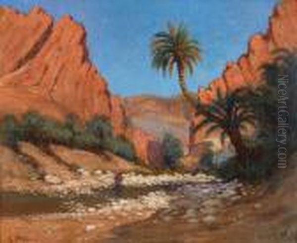 Palmierdans L'oasis A El-kantara Oil Painting by Gustave Nicolas Pinel