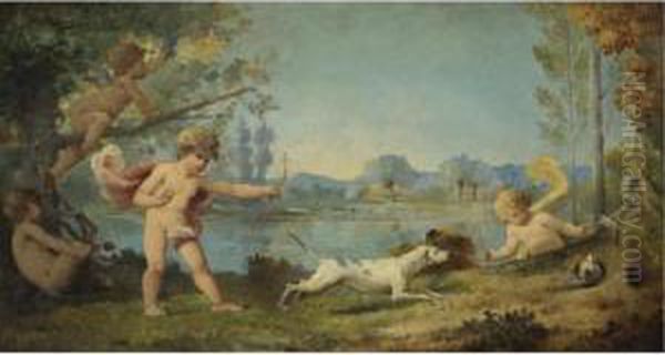 Putti Rabbit Hunting Oil Painting by Gustave Nicolas Pinel