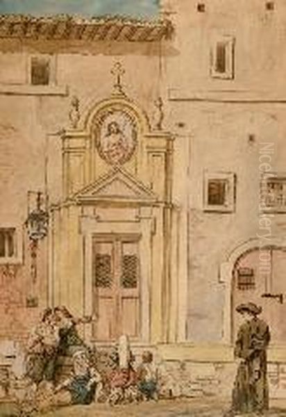 Mendicanti Alle Porte Di Una Chiesa Oil Painting by Achille Pinelli