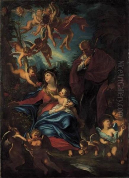 Sacra Famiglia In Un Paesaggio Con Angeli Oil Painting by Paolo Girolamo Piola